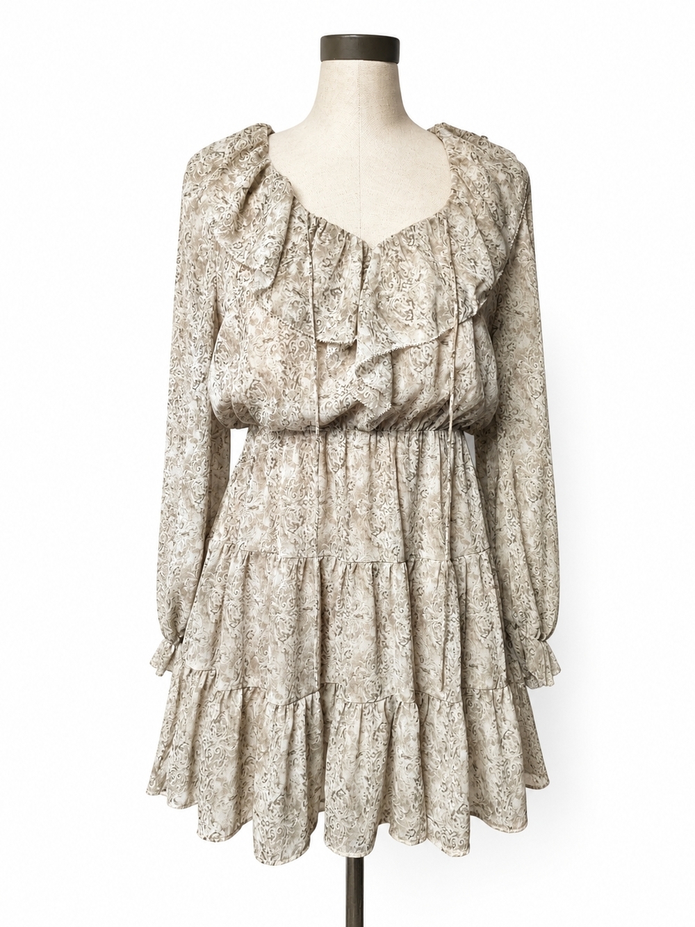 Beige Floral Ruffle Neck, Long Sleeve Tiered Mini Dress With Fine Gold Embellish